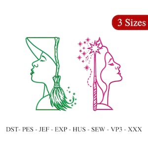 May include: Line art of two profiles, one green with a witch's hat and broom, the other pink with a wand and stars. The text "3 Sizes" is in a red rectangle. Below are embroidery file formats: DST, PES, JEF, EXP, HUS, SEW, VP3, and XXX.