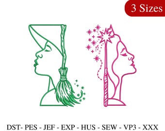 Glinda & Elphaba Faces Embroidery Design, Wicked Embroidery, Wand and Broomstick Embroidery,  Instant Download