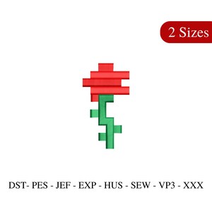 Op de afbeelding: Een gepixelde rode roos met een groene stengel en bladeren. De afbeelding is gelabeld met "2 maten" en "DST-PES - JEF - EXP - HUS - SEW - VP3 - XXX".
