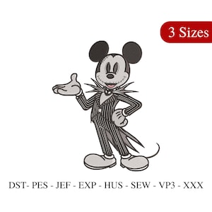 May include: An embroidered design featuring a character mashup of Mickey Mouse and Jack Skellington in a pinstripe suit. The image includes the text "3 Sizes" and file type abbreviations.