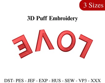 Può includere: Design di ricamo a rilievo 3D rosso con la parola "LOVE". L'immagine include il testo "3 Sizes" in un rettangolo rosso e vari formati di file. Adatto per progetti di ricamo.
