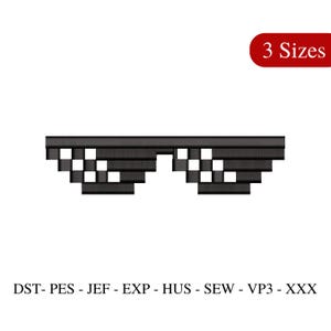 May include: Black and white pixelated sunglasses with the text "3 Sizes" in red.