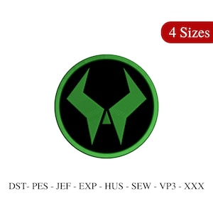 May include: Green and black embroidered patch with a stylized symbol of two horns and a triangle in the center. The patch is circular and has a black background with a green outline.