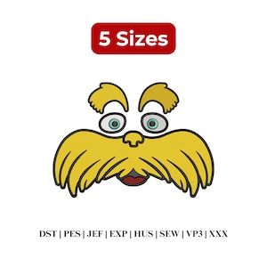 May include: An embroidered design of a yellow mustache, eyebrows, and eyes. The design includes the text "5 Sizes" in a red rectangle. Below the design are the abbreviations: DST | PES | JEF | EXP | HUS | SEW | VP3 | XXX.