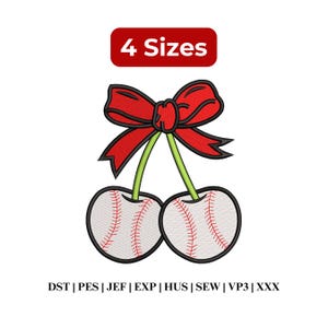 May include: A whimsical design featuring two baseball-themed cherries with red stitching and a black outline. The cherries are connected by green stems and topped with a red bow. The text "4 Sizes" is in a red rectangle.