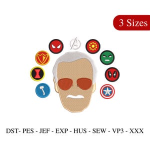 May include: An embroidery design featuring a cartoon portrait of Stan Lee surrounded by various Marvel superhero logos, including Iron Man, Captain America, Spider-Man, Hulk, and Thor. The design is available in three sizes.