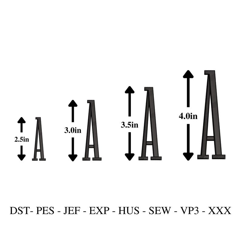 May include: Four black letter "A" shapes of varying sizes, with heights of 2.5in, 3.0in, 3.5in, and 4.0in. The text "DST- PES - JEF - EXP - HUS - SEW - VP3 - XXX" is at the bottom.