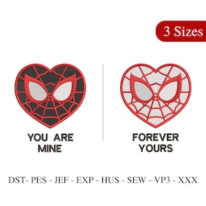 以下が含まれることがあります： スパイダーマンのマスクが入った赤と黒のハート型のデザインが2つ。最初のハートの下に「You Are Mine」、2番目のハートの下に「Forever Yours」というテキストがあります。画像の右上に白い円の中に「3 Sizes」というテキストがあります。
