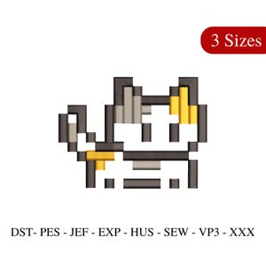 Pode incluir: Design de bordado pixelado de um gato com cores preto, cinza e amarelo. O design está disponível em três tamanhos. Os formatos de arquivo incluídos são DST, PES, JEF, EXP, HUS, SEW, VP3 e XXX.