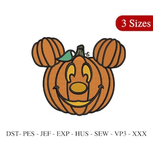 May include: An orange pumpkin design with black outlines and a smiling face. The pumpkin has two round ears and a green leaf. The text "3 Sizes" is in a red rectangle. Below the pumpkin are the letters "DST- PES - JEF - EXP - HUS - SEW - VP3 - XXX".