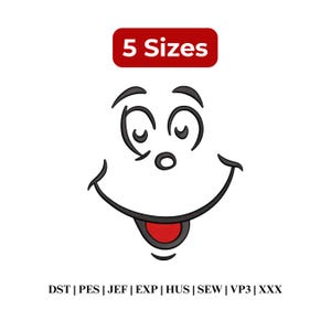 May include: A cartoon face with a large smile, black eyebrows, and a red tongue. The text "5 Sizes" is in a red rectangle above the face. Below the face are the abbreviations "DST | PES | JEF | EXP | HUS | SEW | VP3 | XXX".