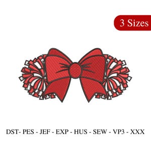 Puede incluir: Un lazo rojo con contornos oscuros y dos pompones rojos y blancos a cada lado. El texto "3 Tamaños" está en un rectángulo rojo. Debajo, los formatos de archivo: DST, PES, JEF, EXP, HUS, SEW, VP3 y XXX.