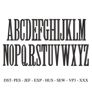 May include: Black uppercase alphabet letters A through Z in a serif font. The letters are displayed on a white background. Below the alphabet are the abbreviations DST, PES, JEF, EXP, HUS, SEW, VP3, and XXX.