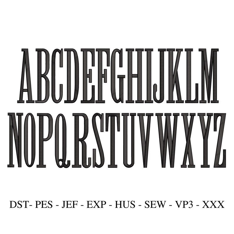 May include: Black uppercase alphabet letters A through Z in a serif font. The letters are displayed on a white background. Below the alphabet are the abbreviations DST, PES, JEF, EXP, HUS, SEW, VP3, and XXX.