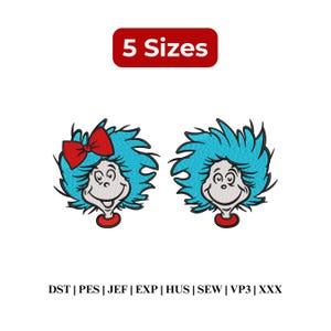 May include: Two cartoon character faces with blue hair, smiling faces, and red accents. One has a red bow. The text "5 Sizes" is in a red rectangle. Below are embroidery file formats.