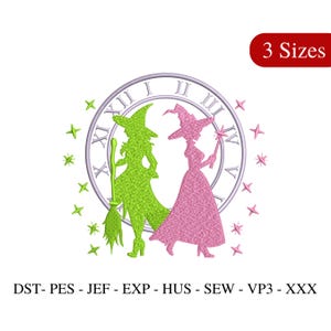 Witches Embroidery Design: Wand, Broomstick, Clock (Instant Download)