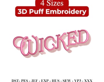 Wicked 3D Puff Embroidery Design, Wicked For Good Embroidery File, Team Glinda and Elphaba Design - 4 Sizes - Instant Download