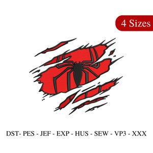 Puede incluir: Diseño de telaraña roja y negra con un efecto rasgado, roto o desgarrado. El diseño es adecuado para proyectos de bordado. El texto "4 tamaños" y "DST-PES - JEF - EXP - HUS - SEW - VP3 - XXX" también se incluye en la imagen.