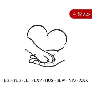 Könnte beinhalten: Schwarz-weißes Linienkunst-Stickmuster mit einer Pfote in einem Herzen. Das Design ist für Stickmaschinen und in vier Größen erhältlich.