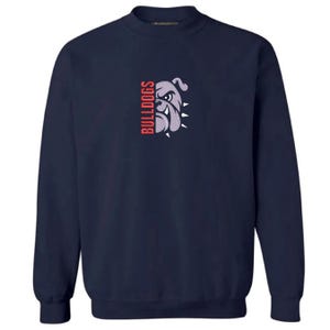 May include: Navy blue sweatshirt with a crew neck. The front features a bulldog graphic in gray and white, with the word "BULLDOGS" in red vertically on the left side. The sweatshirt is a solid color and has long sleeves.