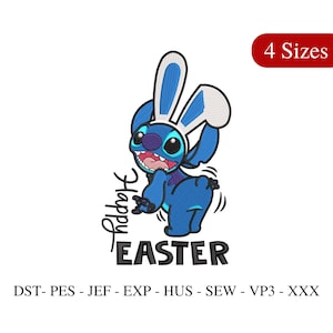 Puede incluir: Un personaje de dibujos animados azul con una diadema de orejas de conejo, con el texto "Happy Easter". La imagen tiene una pancarta roja que dice "4 Sizes".
