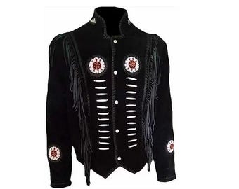 May include: Black suede jacket with fringe and beaded details. The jacket has a stand-up collar and a button closure.
