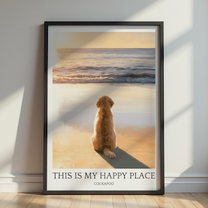 Cockapoo-affisch | Strandhundkonst | Kustdekor | Solnedgångsscen | Väggkonst My Happy Place