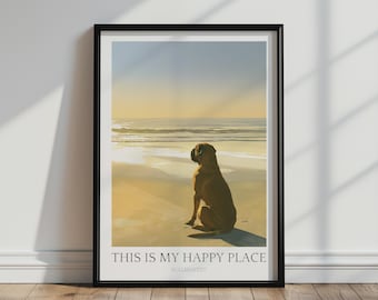 Bullmastiff Poster Print | Dog Wall Art | Beach Poster | This Is My Happy Place Decor | Coastal Dog