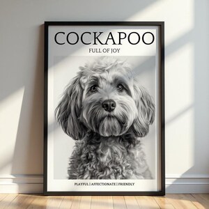Cockapoo | Czarno-biały wydruk portretowy | Plakat z wizerunkiem psa | Prezent dla miłośnika zwierząt