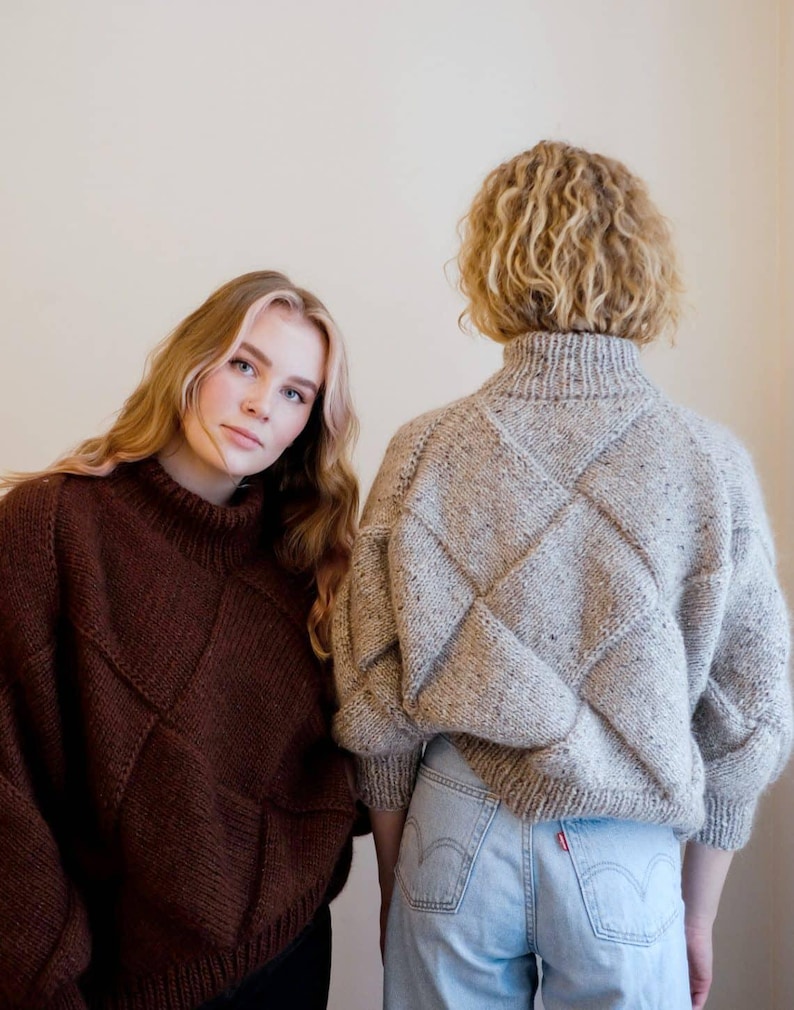 K&ouml;nnte beinhalten: Zwei Strickpullover mit einem geometrischen Rautenmuster. Einer ist dunkelbraun, der andere gesprenkelt hellgrau. Beide haben einen hohen Kragen und ein markantes Rautenmuster auf Vorder- und R&uuml;ckseite.