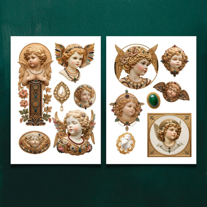 Angel Collection Sheets Cherub Ephemera Printable, Vintage Angel Junk Journal Kit, Baroque Gold ...