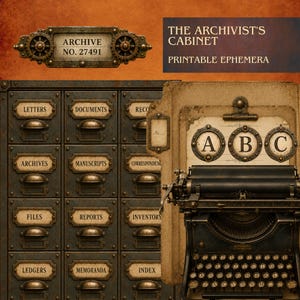 Può includere: Un grafico digitale che mostra un archivio in metallo scuro con cassetti etichettati, una macchina da scrivere vintage e una cartella con le lettere A, B e C. Il testo recita THE ARCHIVIST'S CABINET PRINTABLE EPHEMERA e ARCHIVE NO. 27491.