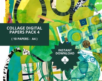 Könnte beinhalten: Ein digitales Collage-Papierpaket mit 10 Papieren im Format A4. Die Papiere zeigen abstrakte Designs in Grün, Gelb, Blau und Schwarz. Der Text "COLLAGE DIGITAL PAPERS PACK 4 (10 PAPERS - A4)" und "INSTANT DOWNLOAD" ist auf dem Bild sichtbar.