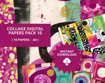Puede incluir: Un collage de 10 papeles digitales en tamaño A4, con patrones abstractos en rosa, amarillo, negro y verde. Los papeles son perfectos para scrapbooking, creación de tarjetas y otros proyectos creativos.  "COLLAGE DIGITAL PAPERS PACK 10 (10 PAPERS - A4)" y "INSTANT DOWNLOAD" están escritos en la imagen.