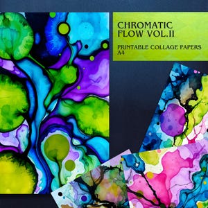 Può includere: Stampe artistiche astratte con colori vivaci di blu, verde, viola e rosa. Le stampe sono intitolate "Chromatic Flow Vol. II" e sono descritte come carte da collage stampabili, formato A4.
