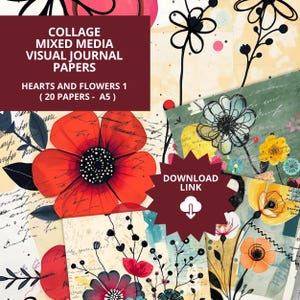 Collage Mixed Media Visual Journal Papers - Hearts and Flowers 1