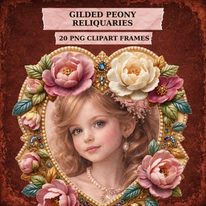 May include: A digital art piece featuring a heart-shaped frame adorned with pink and cream-colored peonies, green leaves, and gold accents. The frame surrounds a portrait of a young girl with blonde hair and blue eyes. The text "GILDED PEONY RELIQUARIES" and "20 PNG CLIPART FRAMES" are displayed.