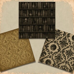 May include: A collage featuring three patterned papers and a sepia-toned image of a bookshelf filled with books, bottles, and a skull. The papers display repeating patterns of witch hats, moons, and swirling floral designs.