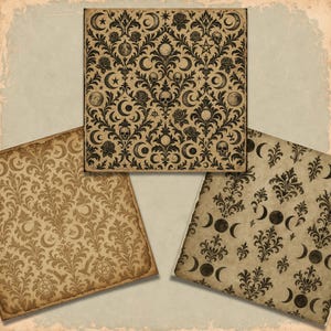 May include: Three pieces of paper with vintage, gothic-inspired patterns. The central piece features a black design of moons, stars, roses, and skulls on a tan background. The other two pieces have similar designs in black and tan.
