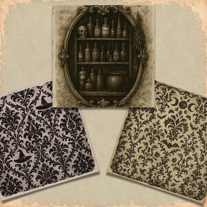 May include: A sepia-toned illustration of a witch's cabinet filled with potion bottles, a skull, and a cauldron. Below are three decorative papers with black and white damask patterns, witch hats, bats, and crescent moons.