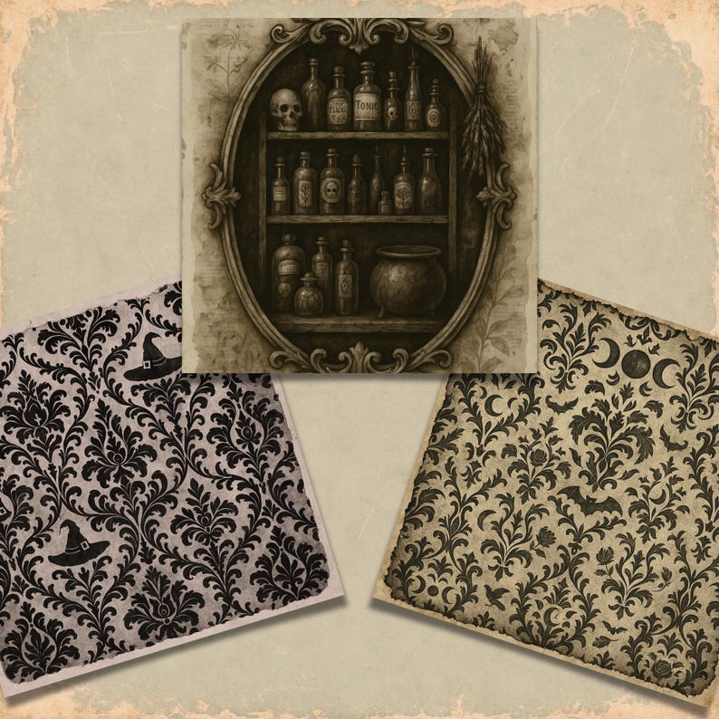 May include: A sepia-toned illustration of a witch's cabinet filled with potion bottles, a skull, and a cauldron. Below are three decorative papers with black and white damask patterns, witch hats, bats, and crescent moons.