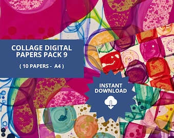 May include: A digital collage paper pack with 10 A4 papers featuring abstract designs in pink, purple, green, blue, and gold. The papers have a variety of patterns, including circles, squares, and swirls. The text "COLLAGE DIGITAL PAPERS PACK 9 (10 PAPERS - A4)" and "INSTANT DOWNLOAD" is visible on the image.