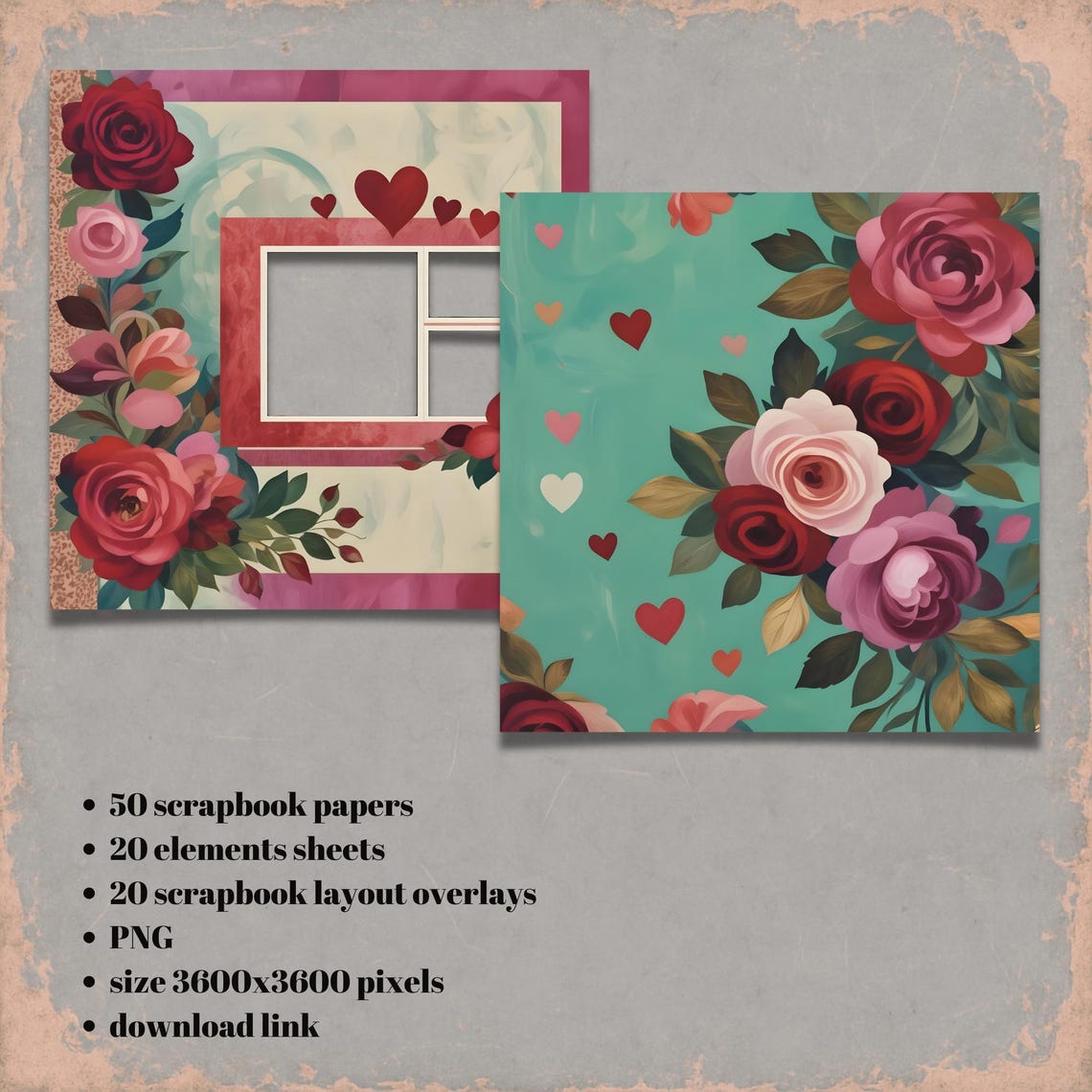 Painted Roses & Paper Hearts Scrapbook Kit, 50 Scrapbook Papers, 20 ...