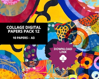 Puede incluir: Un paquete de papel digital para collage con 10 papeles en tamaño A3. Los papeles presentan diseños abstractos coloridos con círculos, líneas y patrones. La imagen incluye el texto "COLLAGE DIGITAL PAPERS PACK 12" y "10 PAPERS - A3".