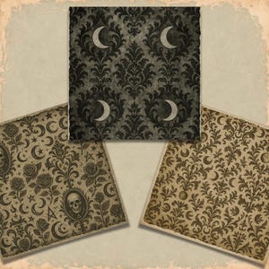 May include: Three vintage-style papers with gothic patterns. One features a dark gray damask design with crescent moons. The other two have floral and celestial motifs, including roses, stars, and a skull in an oval frame. The papers have a distressed, aged appearance.