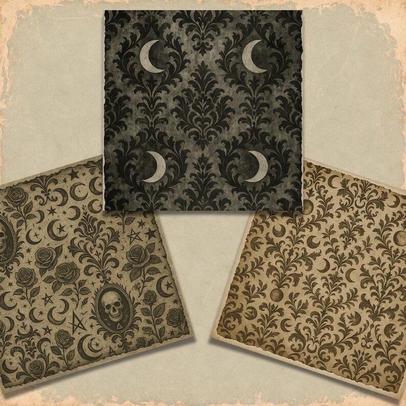 May include: Three vintage-style papers with gothic patterns. One features a dark gray damask design with crescent moons. The other two have floral and celestial motifs, including roses, stars, and a skull in an oval frame. The papers have a distressed, aged appearance.