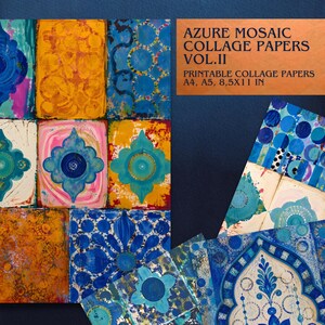 May include: A collection of printable collage papers with an azure mosaic design. The papers feature various patterns in shades of blue, yellow, and white. The text on the image reads "Azure Mosaic Collage Papers Vol. II" and lists sizes A4, A5, and 8.5x11 in.