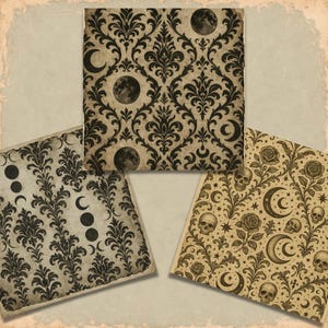 May include: Three vintage-style paper sheets with gothic patterns. One features a damask design with moons, another has phases of the moon, and the third showcases skulls, roses, and crescent moons. The papers have a distressed, aged look.