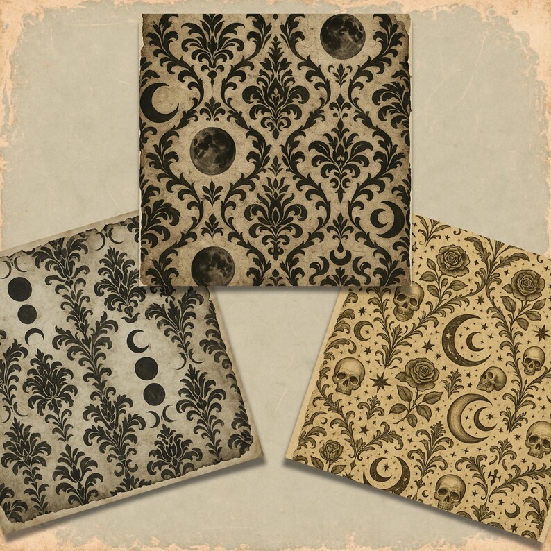 May include: Three vintage-style paper sheets with gothic patterns. One features a damask design with moons, another has phases of the moon, and the third showcases skulls, roses, and crescent moons. The papers have a distressed, aged look.