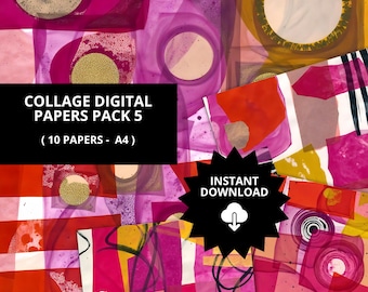 Puede incluir: Un paquete de papel digital para collage con 10 papeles A4 que presentan diseños abstractos en rosa, rojo, amarillo y blanco. El texto "COLLAGE DIGITAL PAPERS PACK 5 (10 PAPERS - A4)" y "INSTANT DOWNLOAD" es visible en la imagen.